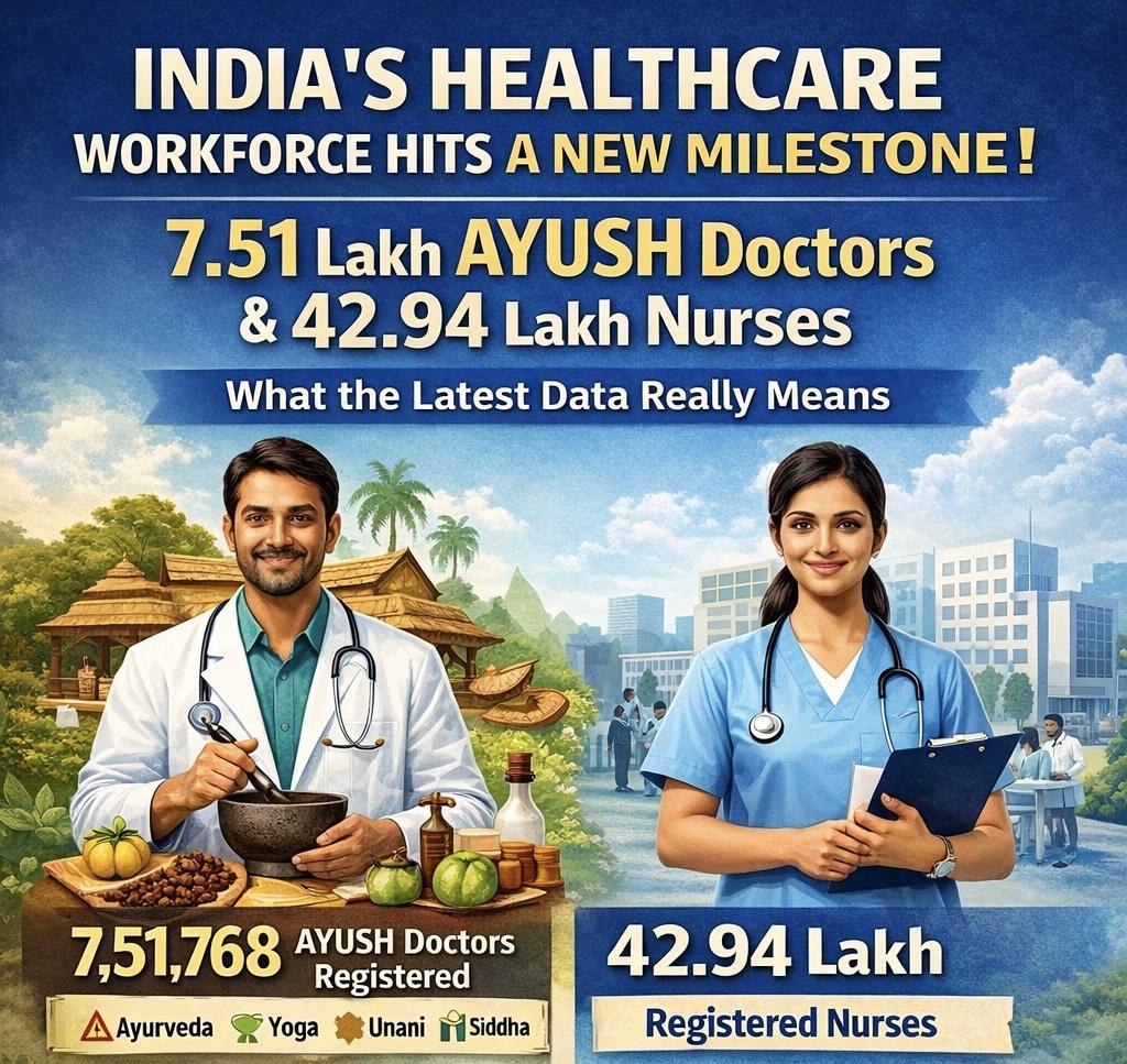 India’s Healthcare Workforce Hits a New Milestone:7.51 Lakh AYUSH Doctors & 42.94 Lakh Nurses