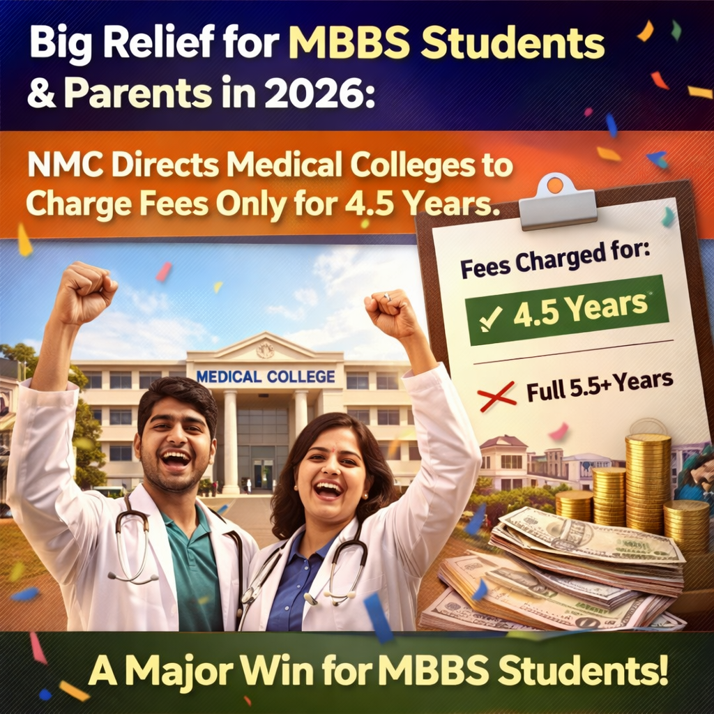 Big Relief for MBBS Students & Parents in 2026: NMC Directs Medical Colleges to Charge Fees Only for 4.5 Years