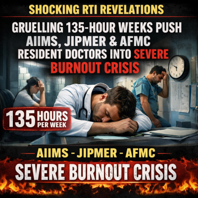 Shocking RTI Revelations: Gruelling 135 Hour Weeks Push AIIMS, JIPMER & AFMC Resident Doctors into Severe Burnout Crisis